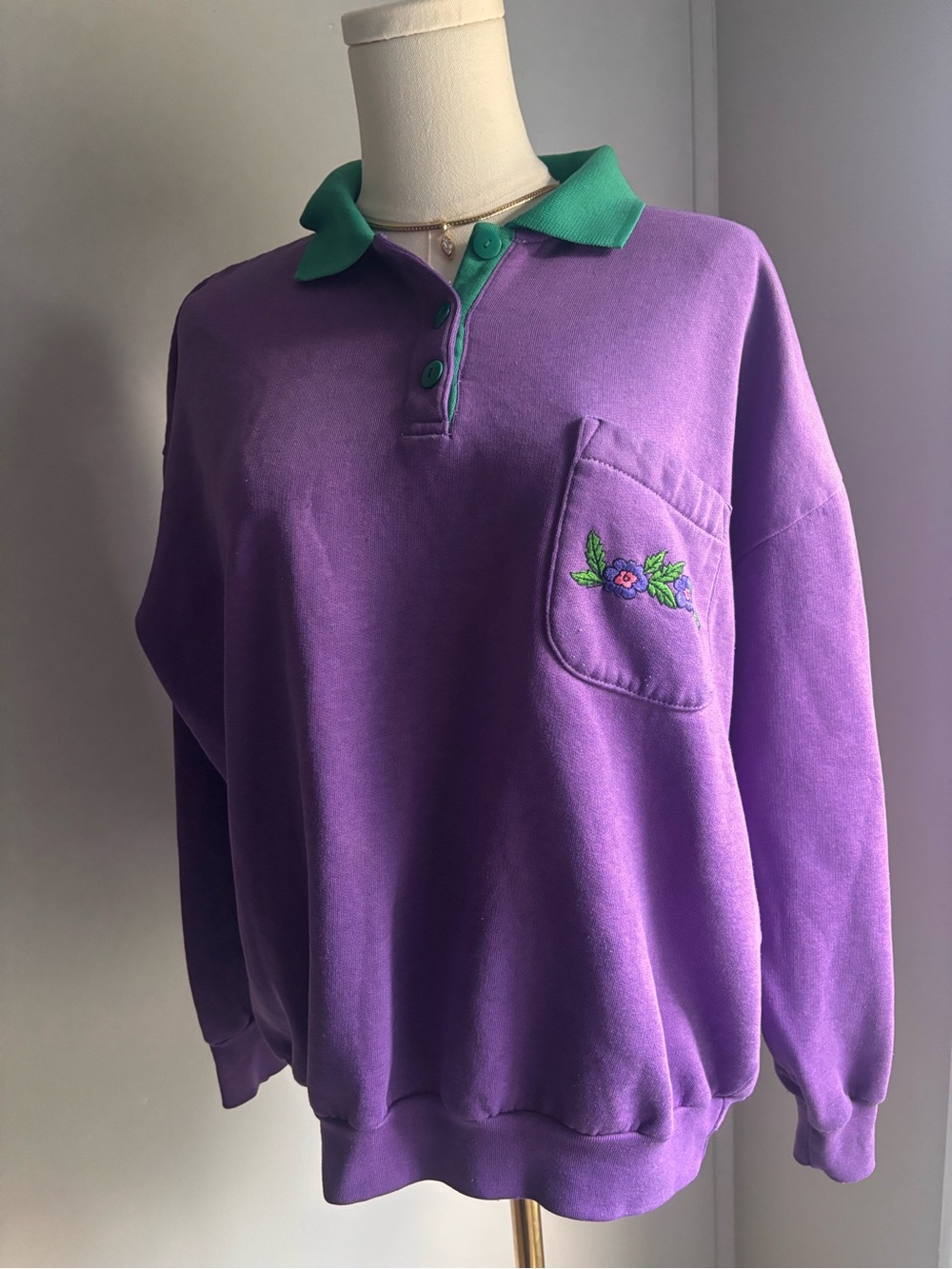 Purple Women's Polo Sweatshirt with Green Collar